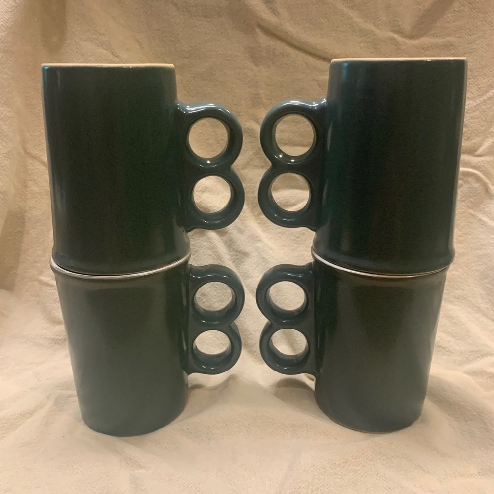 Trigger Mugs Set of 4 Teal Green Speckled MCM Unbranded Mid Century Modern